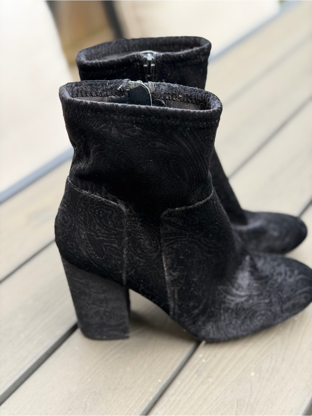 Nine West Black Velvet Paisley Ankle Boots with Block Heel